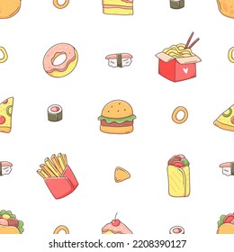 Seamless pattern and fast food in cute kawaii doodle style  Vector junk food background illustration 