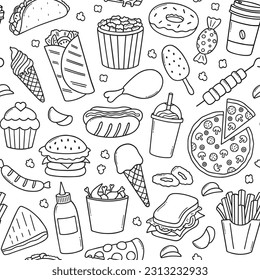 Seamless pattern of fast food doodle set. Hamburger, ice cream, sandwich, hot dog, pizza in sketch style. Vector illustration