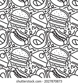 seamless pattern fast food doodles such as, burgers, hotdogs, cakes on white backkground
