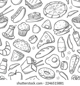 Seamless pattern with fast food doodles, elements for wallpaper, wrapping paper, backgrounds, coloring pages, scrapbooking, recipe books, textile prints, etc. EPS 10