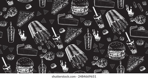 Seamless pattern with fast food. Drawn on chalkboard sketch style french fries, cheesecake, bubble tea, burger, sandwich, chips, chicken nuggets, dipping sauce. Background with street food