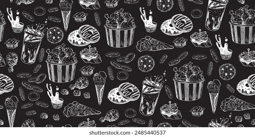 Seamless pattern with fast food. Drawn on chalkboard sketch style chicken nuggets, dipping sauce, burger, donut, fried onion rings, soda, ice cream, pizza, tapas. Hand drawn street food