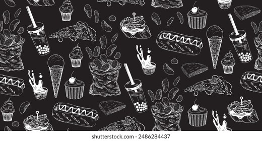 Seamless pattern with fast food. Drawn on chalkboard sketch style chips bag, bubble tea, hot dog, pizza, sauce. Engraved desserts, cupcake, ice cream. Hand drawn street food on black background