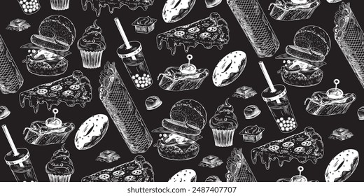 Seamless pattern with fast food. Drawn on chalkboard sketch style shawarma, bubble tea, pizza, burger, chocolate, donut, cupcake, tapas. Hand drawn background with street food. Engraved illustrations