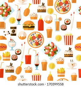 Seamless pattern with fast food and drink for textiles, interior design, for book design, website background.