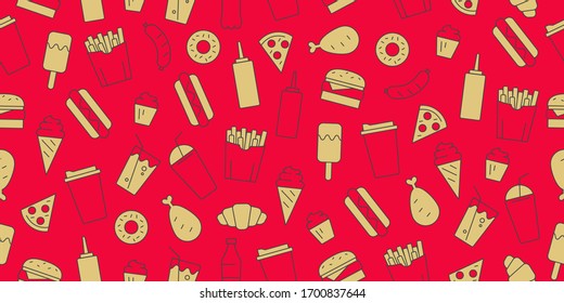 Seamless pattern with fast food and drinks wrapping paper in red and mustard yellow colors