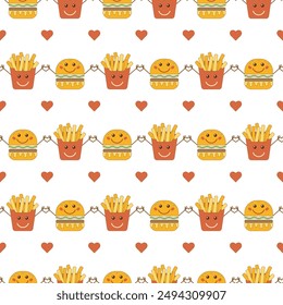 Seamless pattern of fast food elements in cartoon style. Burger and fries are holding hands. Suitable for scrapbooks, postcards, websites, textiles, wrapping paper.