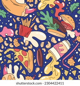 Seamless pattern with fast food flying in space, sauce splashes in weightlessness