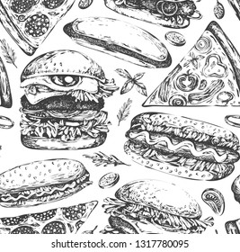 Seamless pattern with fast food graphic icons on the white background