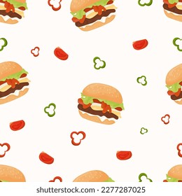 Seamless pattern with fast food hamburger on white background. Vector Illustration in flat cartoon style for wallpaper, design, textile, packaging, decor