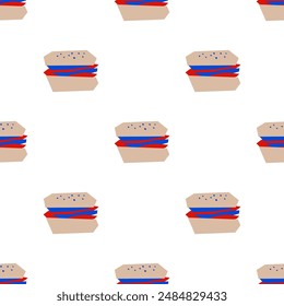 Seamless pattern with  fast food hamburger shape in cutout style on white background
