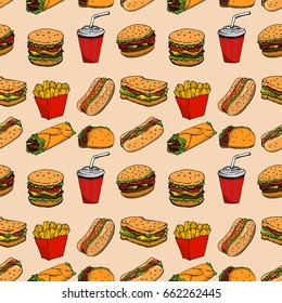 Seamless pattern with fast food. Hamburger, hot dog, burrito, sandwich. Design element for poster, wrapping paper. Vector illustration 