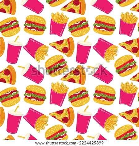 Seamless pattern with fast food. Hamburger, french fries, pizza and a drink in a paper cup. American street food in flat style. Vector illustration of a fast food cafe.