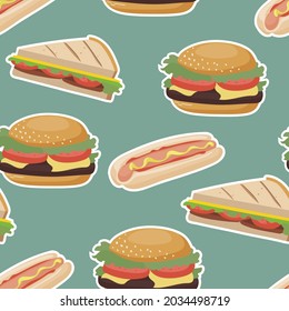 Seamless pattern with fast food. With hamburgers, sandwiches and hotdogs. Vector background with cartoon delicious elements.