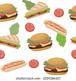 Seamless pattern with fast food. With hamburgers, sandwiches and hotdogs. Vector background with cartoon delicious elements.