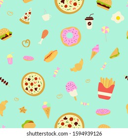 Seamless pattern. Fast food hand drawn set