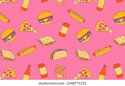 Patrón sin foco con comida rápida, hot dog, taco, hamburguesa de queso, sándwich, pizza y refrescos en un fondo rosado. Papel colorido de la comida callejera.