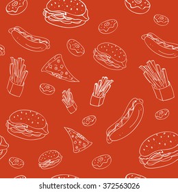 seamless pattern fast food - hot dogs, hamburgers, donuts, fries