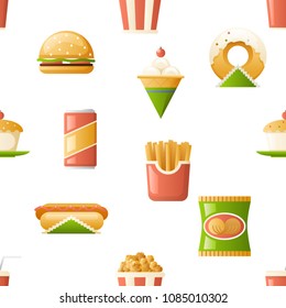 Seamless pattern fast food icons symbols isolated flat design template vector illustration