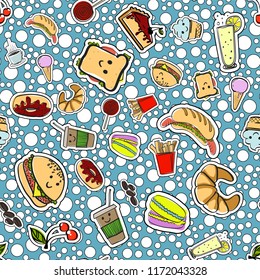 Seamless pattern with fast food icons. Vector seamless pattern with American fast food. Cheerful and bright colorful background. Wallpaper with a picture of delicious food