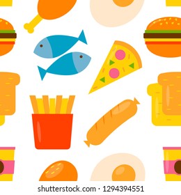 Seamless pattern with fast food icons. Vector colorful illustration in flat style.