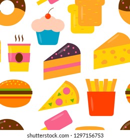 Seamless pattern with fast food icons in flat style. Vector colorful illustration.