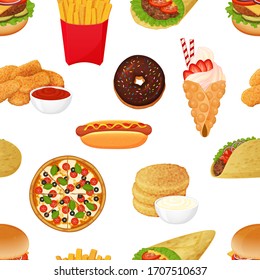 seamless pattern from fast food icons on white background. Cartoon style. Vector illustration. For packaging, advertisements, menu. Burger, pizza, burito, tacos, hotdog.