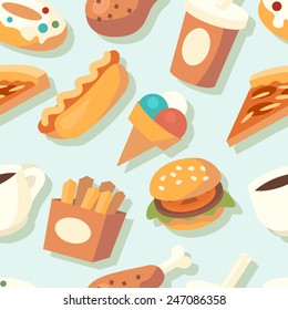Seamless pattern with fast food icons. Vector illustration.