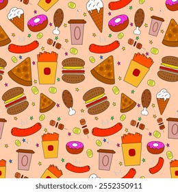 seamless pattern with fast food icons. with a brown background