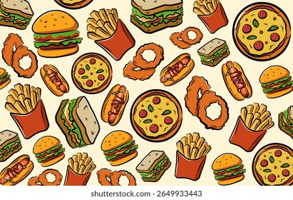 Seamless pattern of fast food icons including burger, pizza, sandwich, french fries, onion rings, and hot dog In cartoon style