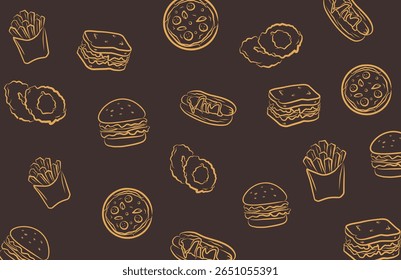 Seamless pattern of fast food icons including burger, sandwich, pizza, onion rings, fries, and hotdog on dark background, perfect for junk food theme packaging or restaurant branding