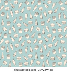 Seamless pattern with fast food items: hamburgers, French fries, milk shakes, ketchup and mustard bottles.
