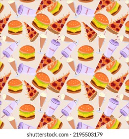 Seamless pattern of fast food or junk food , cheese burger, salami pizza, cold drink, milk shake with marshmallow, soft drink etc on almond color background. textile design, advertisement, poster.