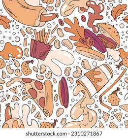 Seamless pattern with fast food levitating in weightlessness in orange tones