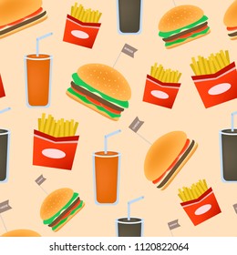 Seamless pattern with fast food like burgers, fries and cola. Vector illustration with meal and drinks.