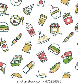 Seamless pattern with fast food line icons. Burger and pizza, sandwich with coffee, vector illustration