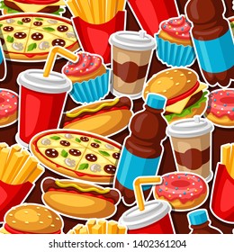 Seamless pattern with fast food meal. Tasty fastfood lunch products. Background for menu or advertising.