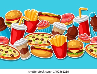 Seamless pattern with fast food meal. Tasty fastfood lunch products. Background for menu or advertising.