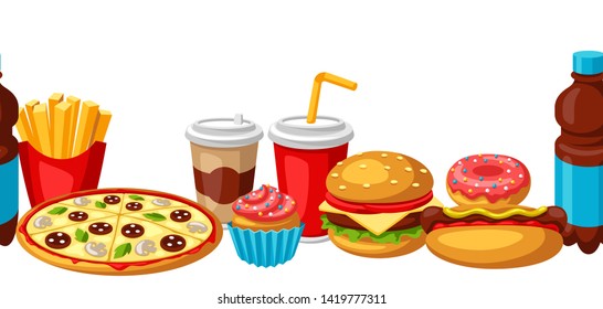 Seamless pattern with fast food meal. Tasty fastfood lunch products. Background for menu or advertising.