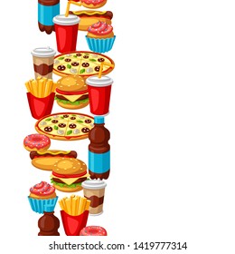 Seamless pattern with fast food meal. Tasty fastfood lunch products. Background for menu or advertising.