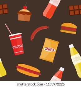 Seamless pattern with fast food meals, snacks and drinks - hotdog, burger, cupcake, soda, chocolate, sausage. Colorful vector illustration in flat style for wrapping paper, wallpaper, backdrop