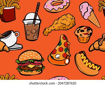 Seamless Pattern of fast food menu with doodles style, pizza, hamburger, hot dog, fried chicken, french fries, hamburger, coffee and bread, boba drink, muffin, and ice cream cone