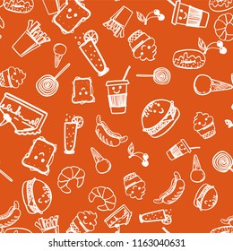 Seamless pattern of fast food on paper. hamburger, hotdog coffee, lemonade. White figures on an orange background