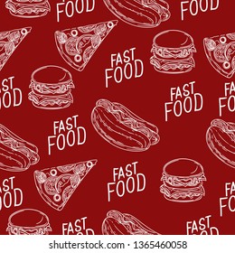 Seamless pattern of fast food on red background.