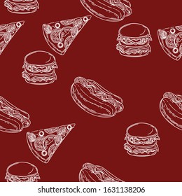 Seamless pattern of fast food on red background.