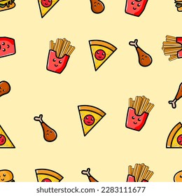 Nahtlose Muster von Fast Food auf cremefarbenem Hintergrund. Geeignet für die Gestaltung von Hintergründen im Café-Design und mehr