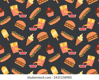 Seamless pattern with fast food on a black background. Beautiful vector illustration for textiles, wrapping paper, t-shirts, eps 10