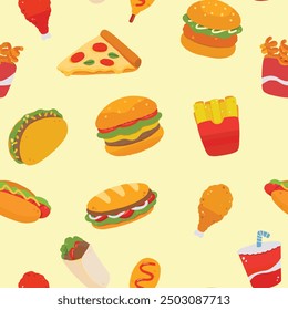 Patrón sin fisuras con comida rápida sobre un fondo amarillo brillante. Hermosa Ilustración vectorial para textiles, papel de embalaje, camisetas. hamburguesa, pollo frito, pizza, patatas fritas, sándwich, campana de taco