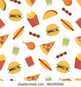 Seamless pattern with fast food on a white background. Tacos; hot dogs; pizza; burger; french fries; barbecue; chicken leg; drink. Flat style drawing.