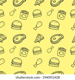 patrón sin fisuras del estilo de contorno de comida rápida en fondo amarillo. ilustración vectorial